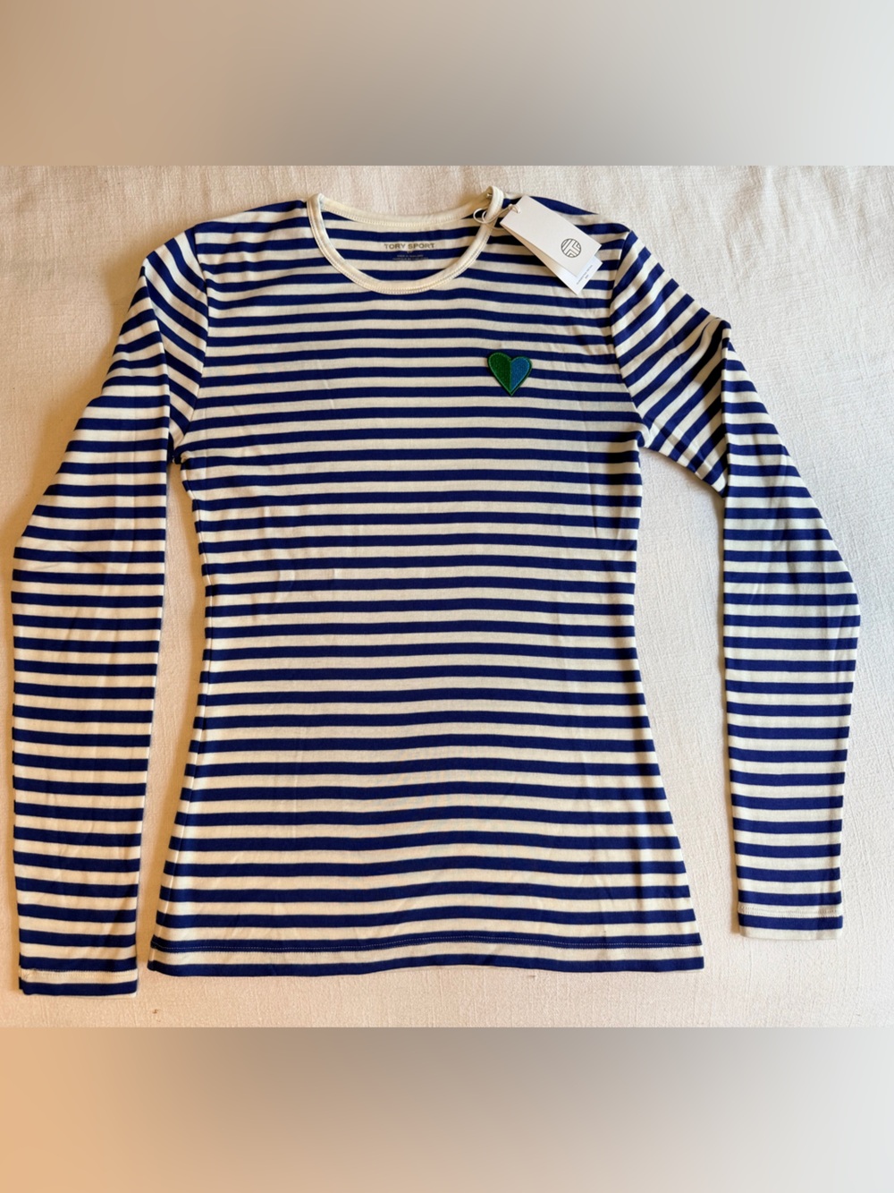 Tory Burch Navy and White Striped cotton Long-Sleeve Top with Green Heart Patch